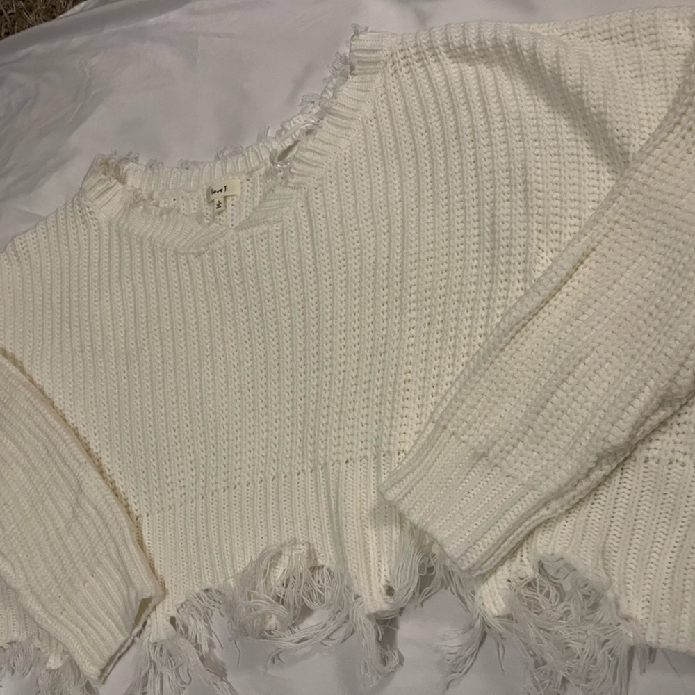 Off white cream knit distressed winter sweater fringe sweater long sleeve